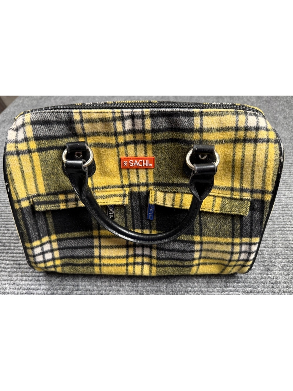 SACHI Plaid Insulated Lunch Tote Cooler Bag Yellow Black Thermal Handbag